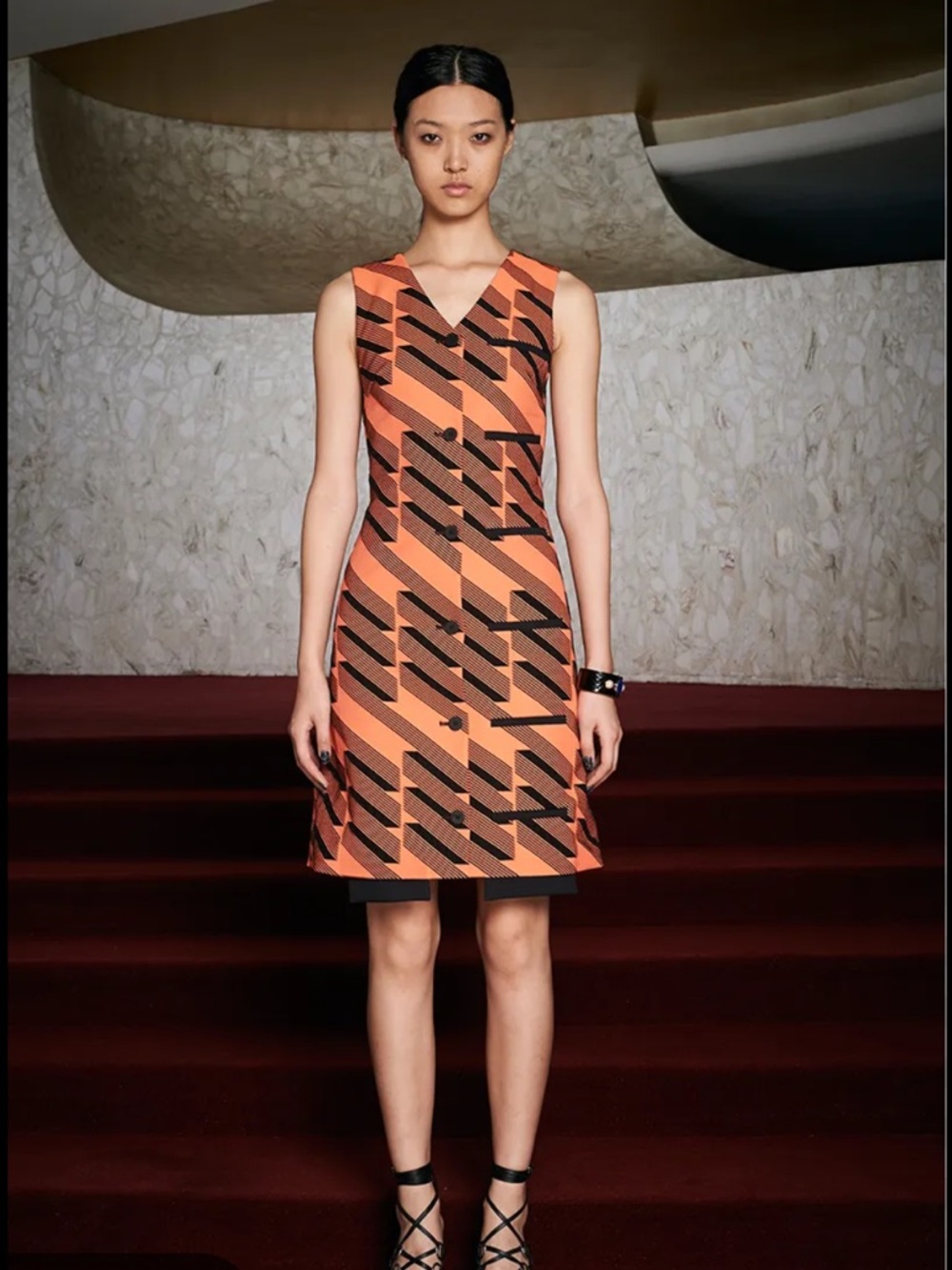 Opening Ceremony Orange and Black Geometric V-Neck Shift Dress